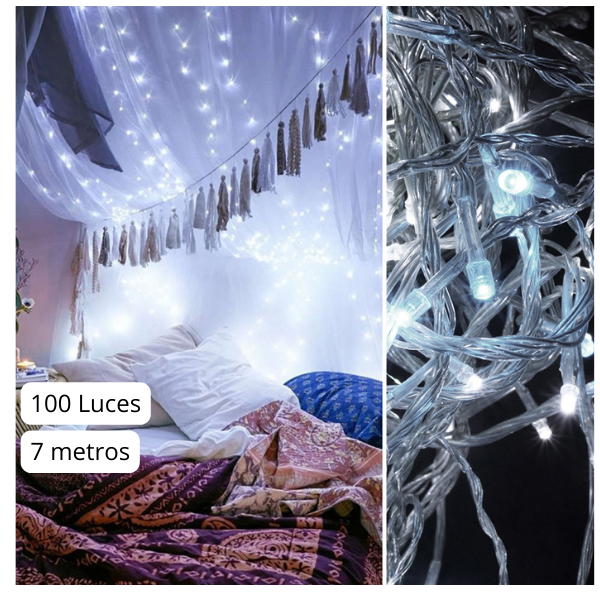 Extensión Luz LED Lineal Blanca 100 Luces 7 Metros Cable Transp