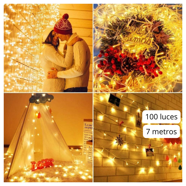 Extensión Luz LED Lineal Cálida 100 Luces 7 Metros Cable Transp